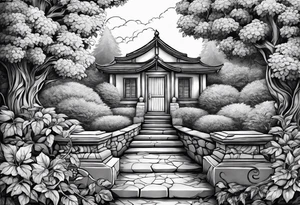 stone road over leafy vines tattoo idea