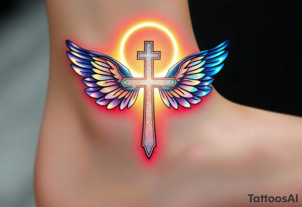 A floating cross inside a luminous halo, with iridescent wings that change colors in light tattoo idea