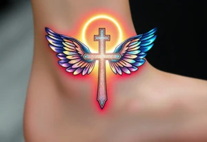 A floating cross inside a luminous halo, with iridescent wings that change colors in light tattoo idea
