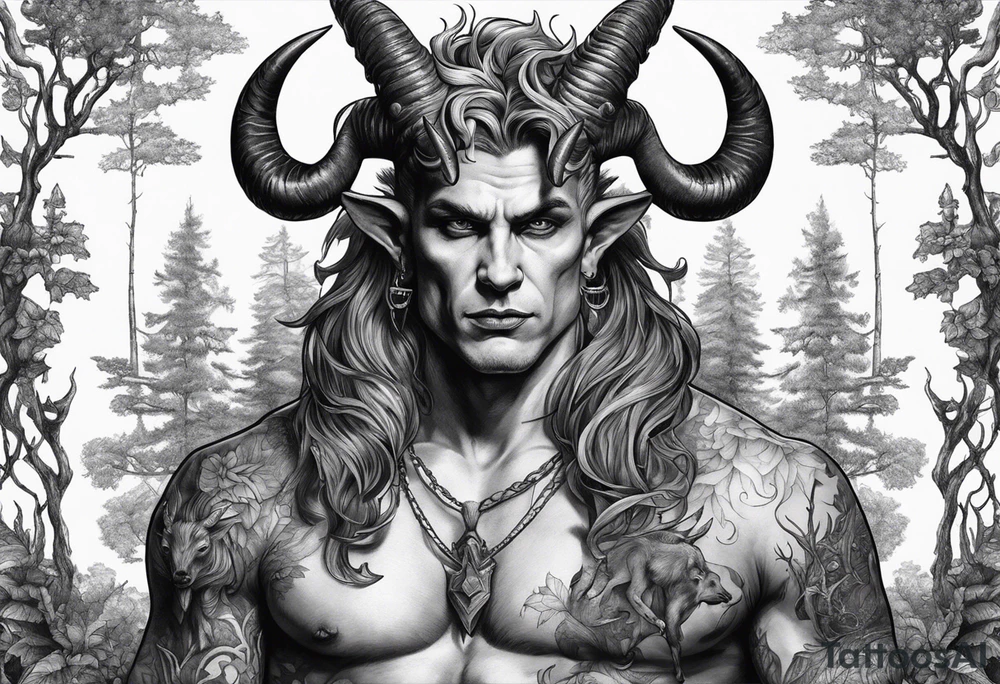 Devil with goat horns (full body) in a forest tattoo idea Devil with goat horns (full body) in a forest tattoo idea