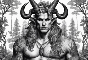 Devil with goat horns (full body) in a forest tattoo idea