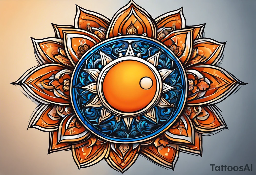 I'd like a tattoo of an orange sun with a blue om symbol superimposed on it. The sun should be behind the ohm symbol. tattoo idea