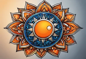 I'd like a tattoo of an orange sun with a blue om symbol superimposed on it. The sun should be behind the ohm symbol. tattoo idea