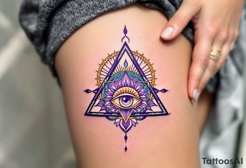 A purple triangle with a third eye in the center, radiating mysticism and awareness placed under collarbone tattoo idea