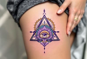 A purple triangle with a third eye in the center, radiating mysticism and awareness placed under collarbone tattoo idea