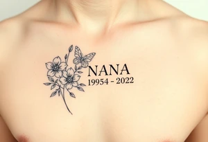 flowers and butterflies with the name “NANA” and the date “1954-2022” mixed all together on the side of the rib cage tattoo idea