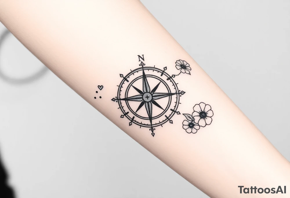Compass with cursive letters with dot work flowers flowing above and below the compass tattoo idea
