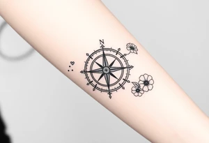 Compass with cursive letters with dot work flowers flowing above and below the compass tattoo idea