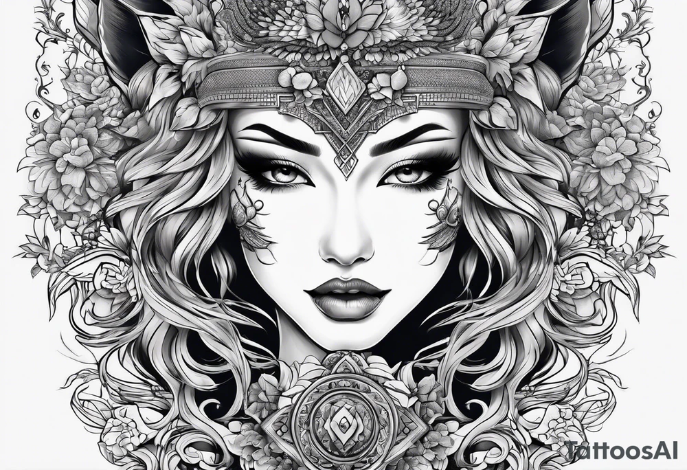 Woman’s face splitting into another with wolf cut hair tattoo idea