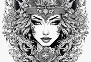Woman’s face splitting into another with wolf cut hair tattoo idea