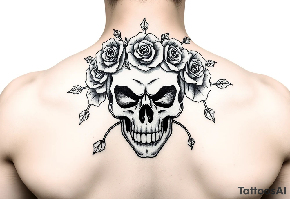 ornate skull adorned with crown of wild roses and thorns tattoo idea