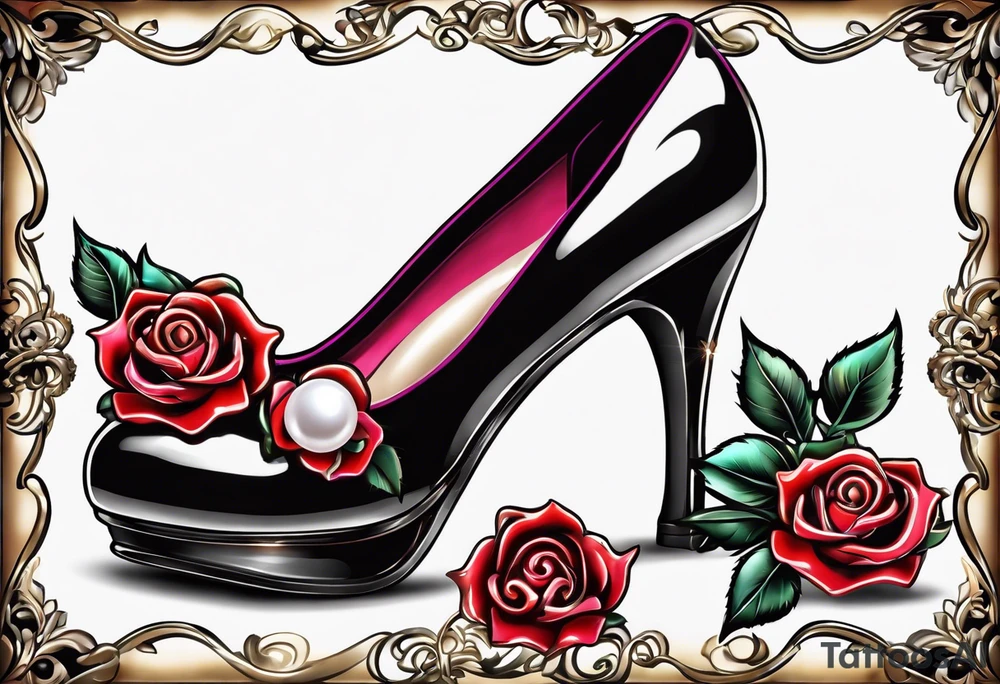 Pearl necklace wrapped around 1950s pinup pumps with roses surrounding tattoo idea