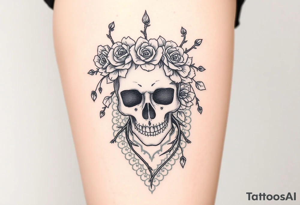 ornate skull adorned with crown of wild roses and thorns overlaid lace curtain design tattoo idea
