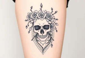 ornate skull adorned with crown of wild roses and thorns overlaid lace curtain design tattoo idea