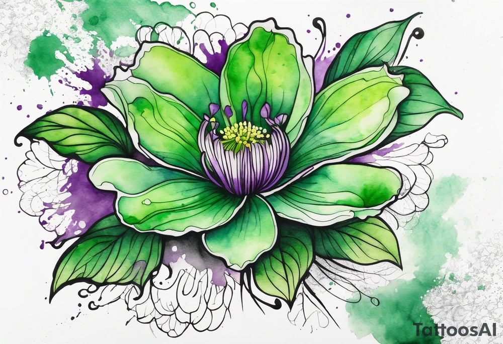 An outline of a green rio dipladenia flower and a green and purple watercolor splash in the background tattoo idea