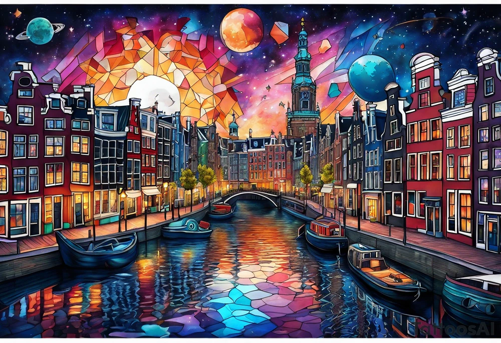 Tattoo of water in space featuring animals featuring Amsterdam buildings and canal in galaxy colours tattoo idea