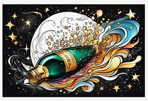 A champagne bottle exploding in space, above the world tattoo idea