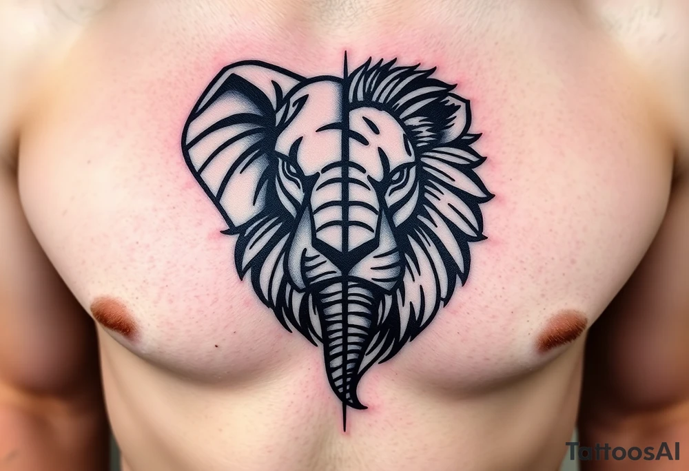 A half elephant half lion head divided by a vertical line on a ribcage using abstract geometric tattoo idea