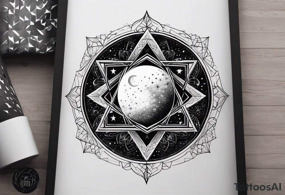 Blackwork tattoo sketch with moon and star. Sacred geometry tattoo design, mystic symbol. New school dotwork, line art minimalist style tattoo. Boho design. Print, posters, t-shirts and textiles tattoo idea