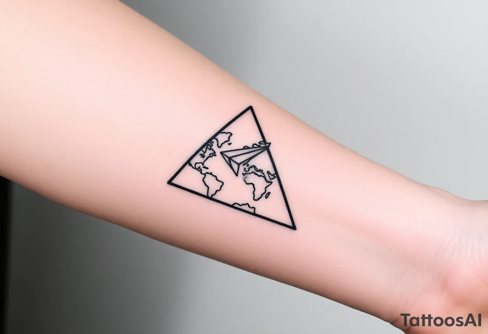 Geometric small triangle with a paper plane flying around the world while being psychedelic with fine thin lines tattoo idea