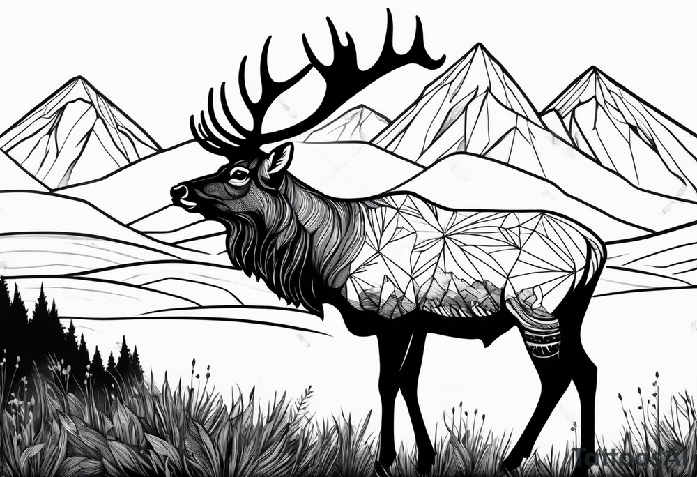 small elk in a field with mountains in the background tattoo idea