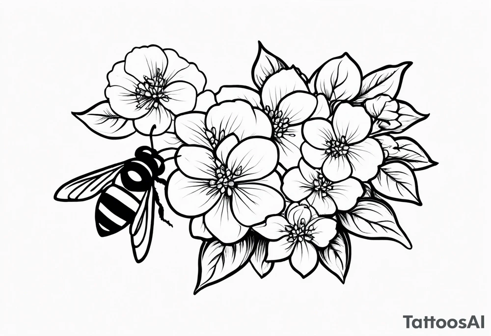 3 in by 2 in minimalist no color tattoo for forearm of a Hydrangea and a very small bee. tattoo idea