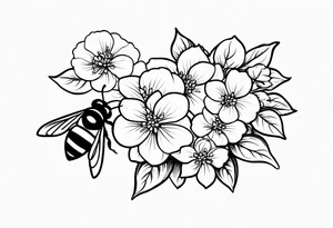 3 in by 2 in minimalist no color tattoo for forearm of a Hydrangea and a very small bee. tattoo idea