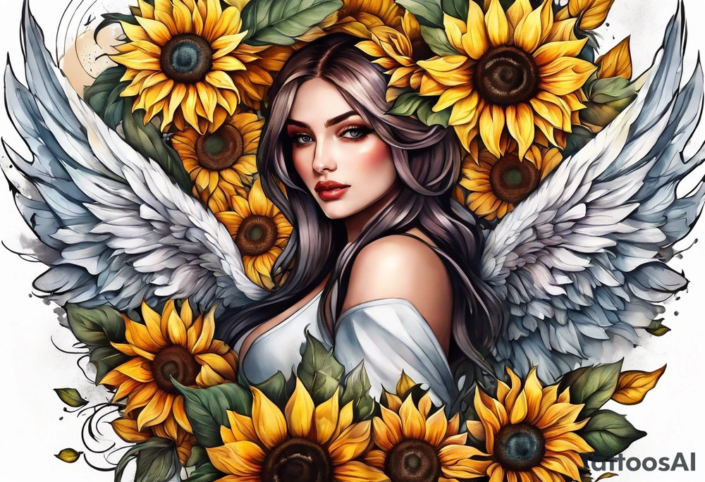 Sunflowers and angel wings leg sleeve tattoo idea
