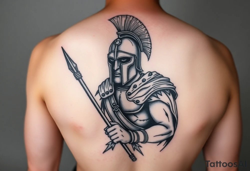 Spartan soldier, stoic face, holding a spear and shield, realism style. tattoo idea