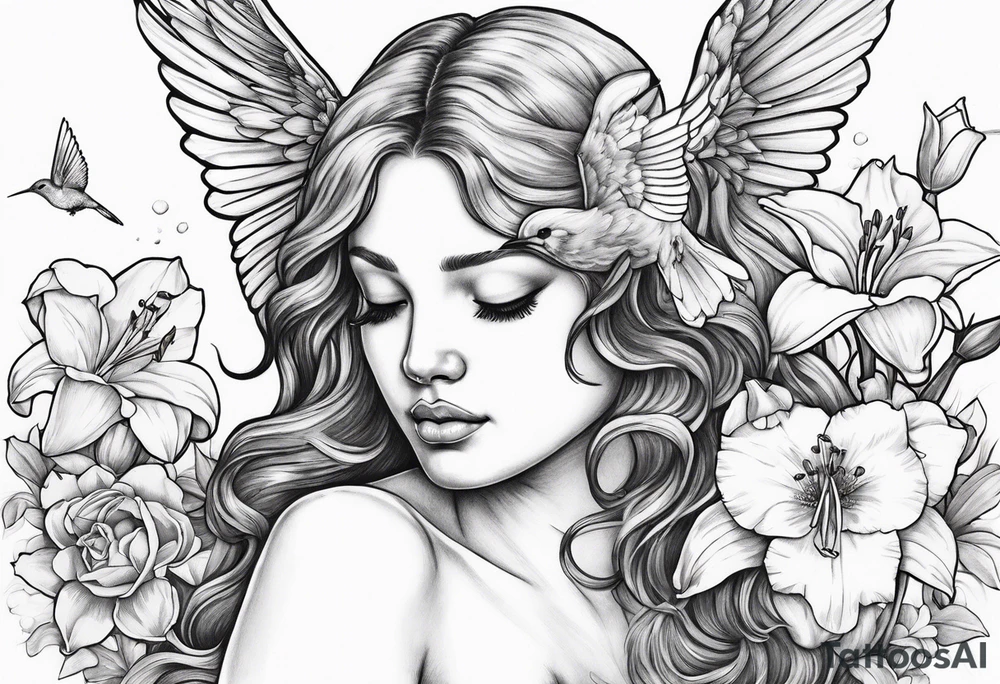 crying angel with head tilted down surrounded by lily, daffodil, rose, daisy, narcissus with a hummingbird tattoo idea