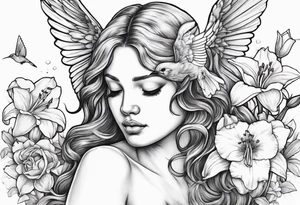 crying angel with head tilted down surrounded by lily, daffodil, rose, daisy, narcissus with a hummingbird tattoo idea