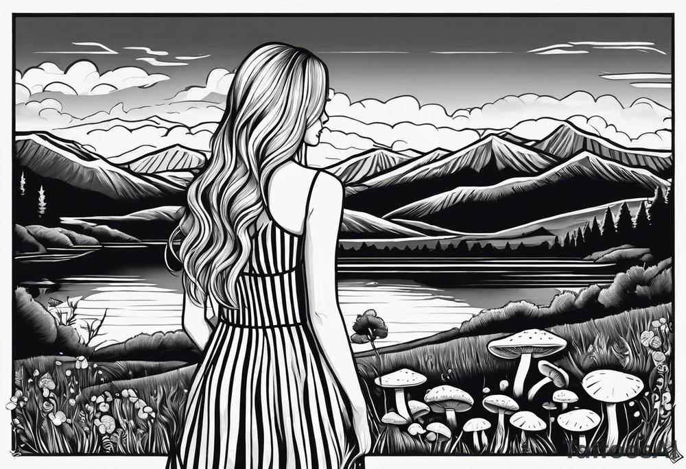 Straight long blonde hair girl standing in right corner in distance holding mushrooms in hand facing away toward mountains and creek surrounded by mushrooms black and white striped dress tattoo idea