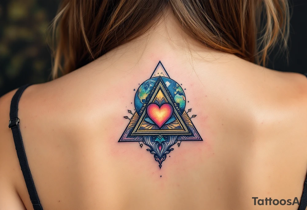 A triangle with a big heart in the center with a world travel theme tattoo idea