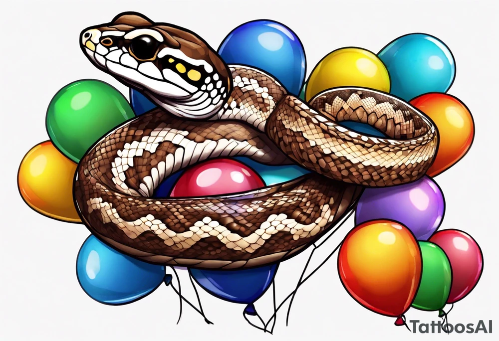 brown ballpython with colored balloons tattoo idea