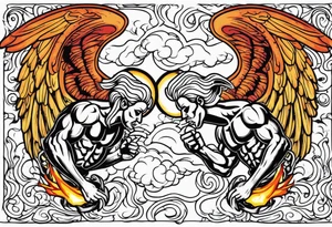 Angels fighting demons over fire with skuls in the background tattoo idea