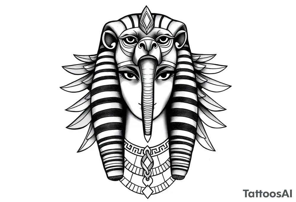Tatuagem egípcia feminina detalhada, representando o deus egipicio Horus na sua representação animal de falcão segundo a mitologica egipicio, com adornos e simbolos tradicionais egípicios, a figura está em posição frontal, com detalhes hieroglíficos sutis ao redor, integrados harmonicamente. Fundo minimalista, inspirado em papiro antigo, com tons terrosos suaves. Estilo artístico com traços finos, sombra leve para destacar volume, ideal para a parte frontal da canela, transmitindo elegância e misticismo. tattoo idea