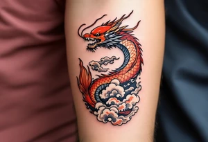 Red Koi in Dragon Shape – A stylized red koi morphing into a dragon as it ascends through swirling clouds, representing transformation and victory. tattoo idea