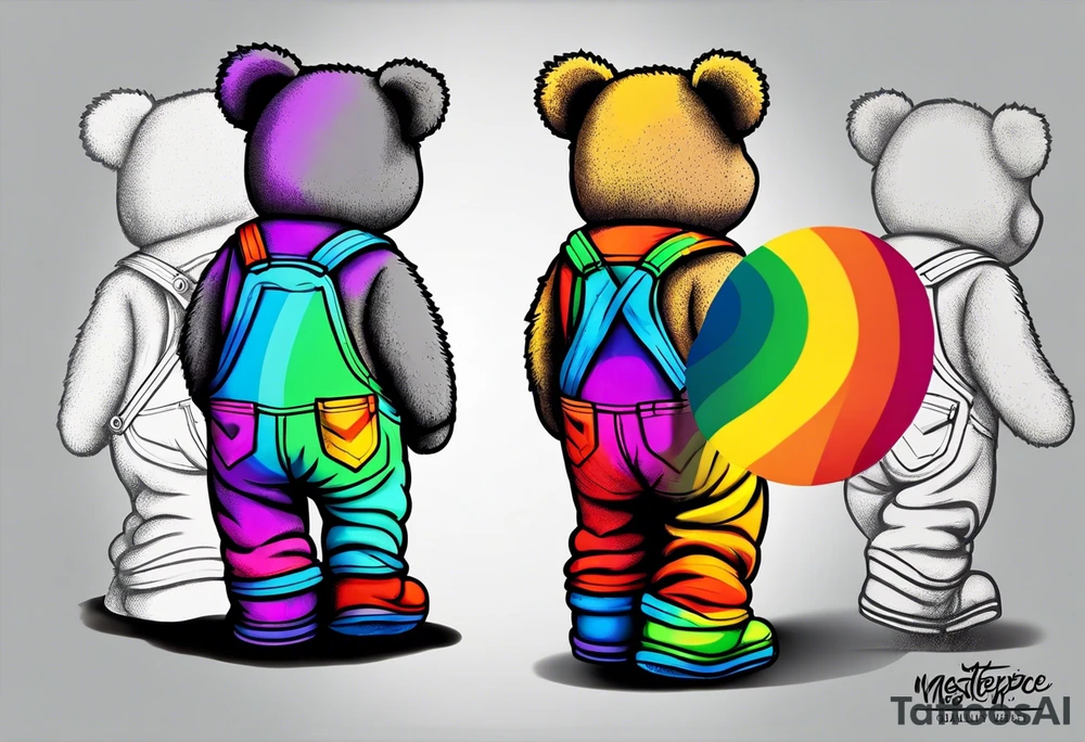 the back of a grey teddy bear standing in rainbow overalls, no shirt and striped boots tattoo idea