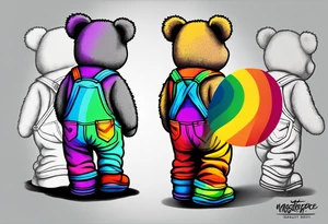 the back of a grey teddy bear standing in rainbow overalls, no shirt and striped boots tattoo idea