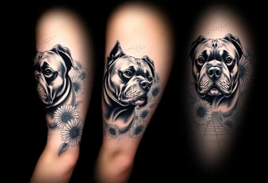 Multiple very thick muscled up pitbulls' portraits fading into the background as filler incorporate sunflowers, an old road made from pavers tattoo idea