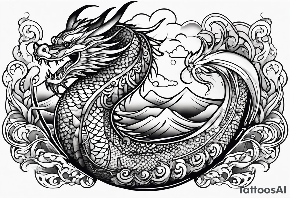Māori dragon, koi, water, black tattoo idea