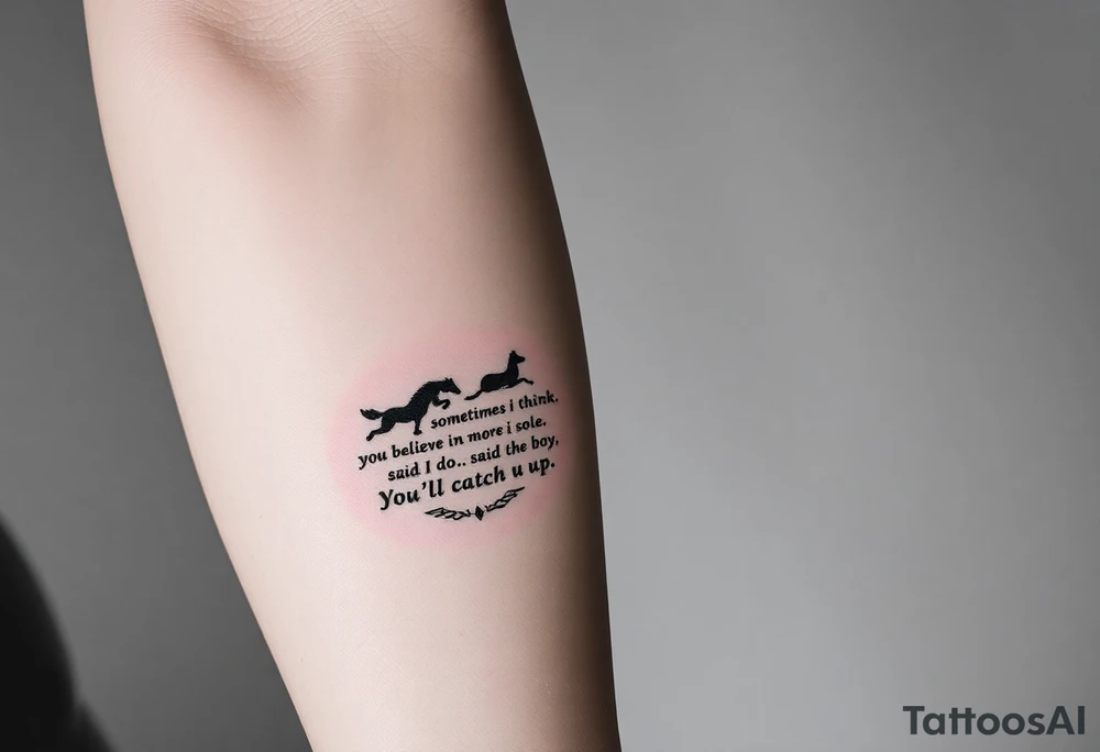 Strong Tattoo based on the book the boy, the fox, the mole and the horse that says “sometimes i think you believe in more than I do said the boy.  You’ll catch up says the horse” tattoo idea