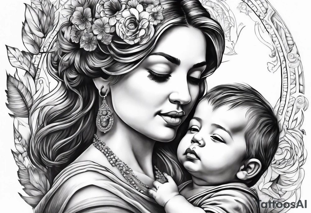 chest tattoo : 
mom and baby son statue tattoo idea