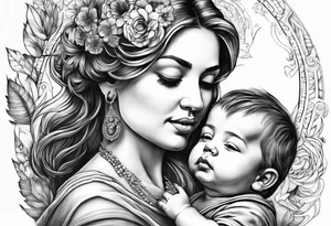 chest tattoo : 
mom and baby son statue tattoo idea