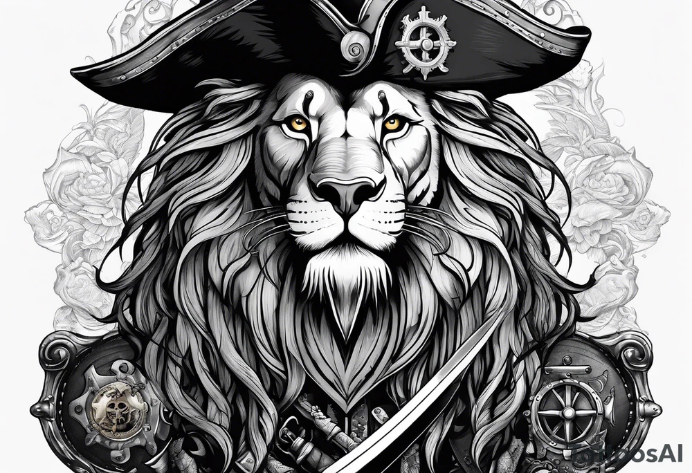 Pirate lion wearing jacket, sword and pistol, nautical steampunk theme. dreadlocks. pirate vessel tattoo idea