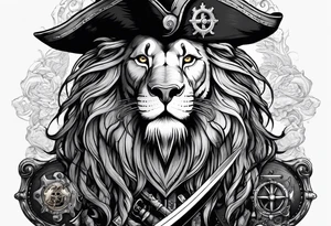 Pirate lion wearing jacket, sword and pistol, nautical steampunk theme. dreadlocks. pirate vessel tattoo idea