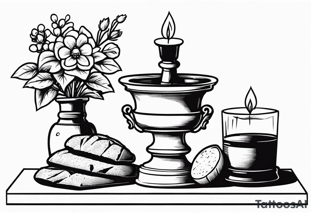 Rock altar, greenery, flowers, clay pot, communion, crown, wine, bread tattoo idea