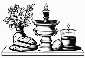 Rock altar, greenery, flowers, clay pot, communion, crown, wine, bread tattoo idea