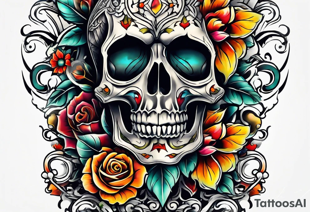 Old school center Knee tattoo with skulls, various flowers, water shapes and fall colors tattoo idea