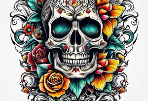 Old school center Knee tattoo with skulls, various flowers, water shapes and fall colors tattoo idea